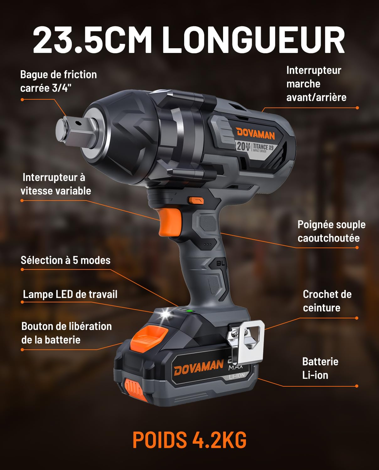 DOVAMAN TITANCE X9 Clé à Choc Sans Fil, 2200Nm Couple Élevé 3/4'' Clé à Choc, 20V Sans Balais, 5 Vitesses, Batterie 4.0Ah, Chargeur, Perceuse à Choc Électrique pour Travaux Lourds