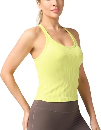 Seamless Ribbed Workout Racerback Tank Tops with Built in Bra for Women