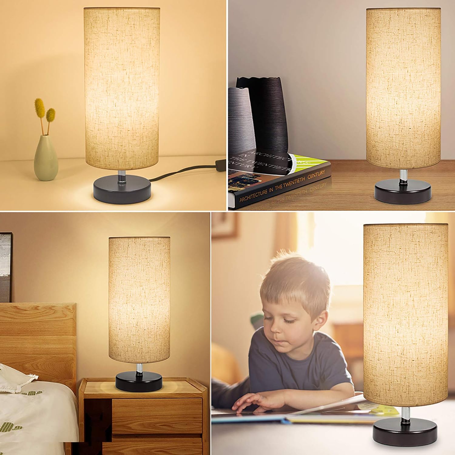 DEEPLITE Bedside Table Lamp 2 LED Bulbs Included, Modern Simple Desk Lamp with Wooden Base and Fabric Shade, Minimalist Nightstand Lamp for Bedroom Living Room Office (Set of 2)