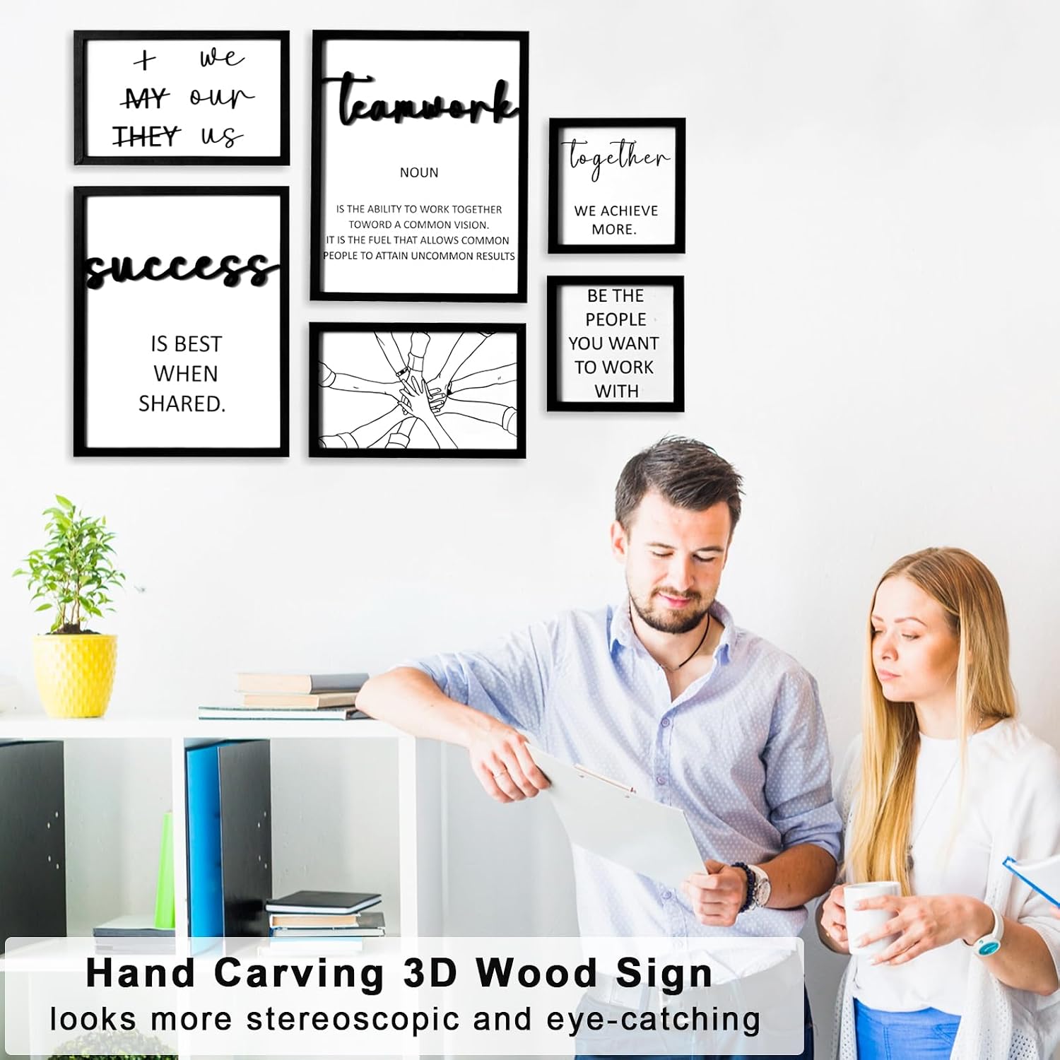 3D Wood Office Wall Art, Framed Inspirational Teamwork Wall Art, Motivational Quotes Wall Decor for Office Break Conference Room (Set of 6, Framed, Ready to Hang)