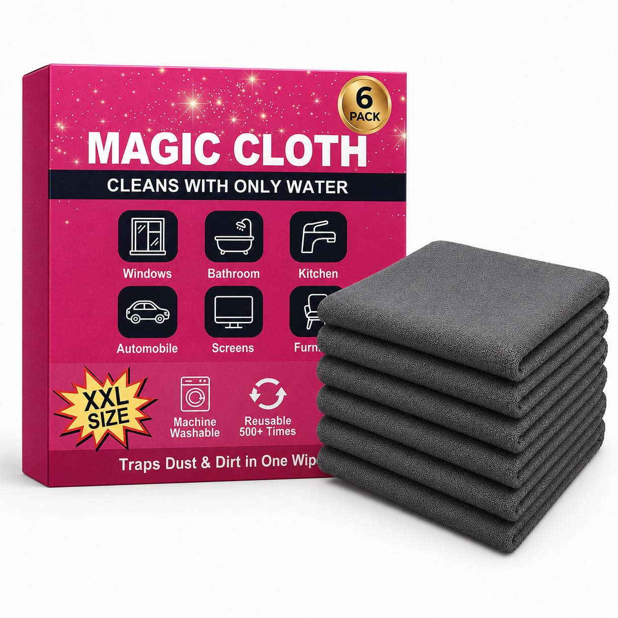 Fgbetcv 6-Pack Magic Cleaning Cloth, XXL Microfiber Cleaning Cloths for Stainless Steel, Glass, Mirrors, Windows, Kitchen, Bathroom, Car & Screens, Reusable Lint Free Streak Free Cleanings Towels