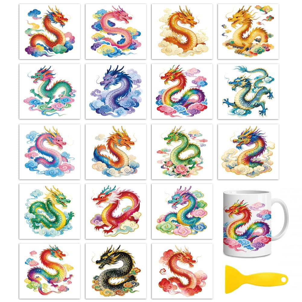 Peacoblue 18 Sheets Rub On Transfers for Crafts, Chinese Dragon and Auspicious Clouds 3.6"x3.9" UV DTF Cup Wrap Waterproof Cold Transfers Stickers for Wood Glass Cup Tumblers Mirrors Mugs Home Decor
