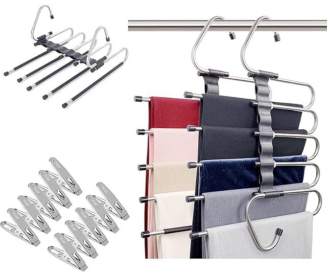 Baoswi Magic Pants Hangers Space Saving, 2 Pack for Closet Multiple Layers, Multifunctional Uses Rack Organizer for Trousers Scarves Slack (2 Pack with 10 Metal Clips)