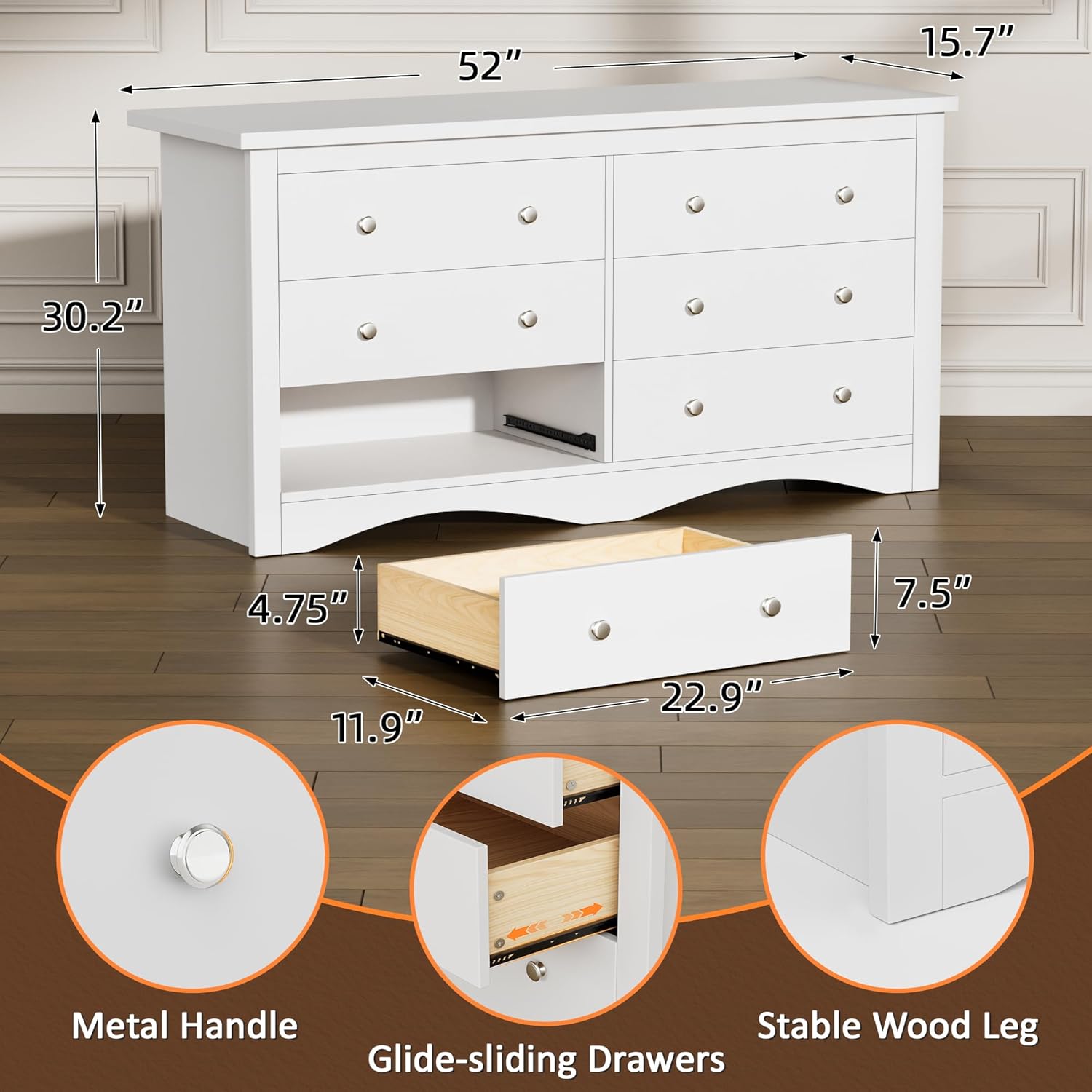 Flamaker Dresser for Bedroom, 6 Drawer Dresser, Wood Dressers, Wide Chest of Drawer, Storage Drawers, Storage Organizer for Closet, Hallway (White) - Image 2