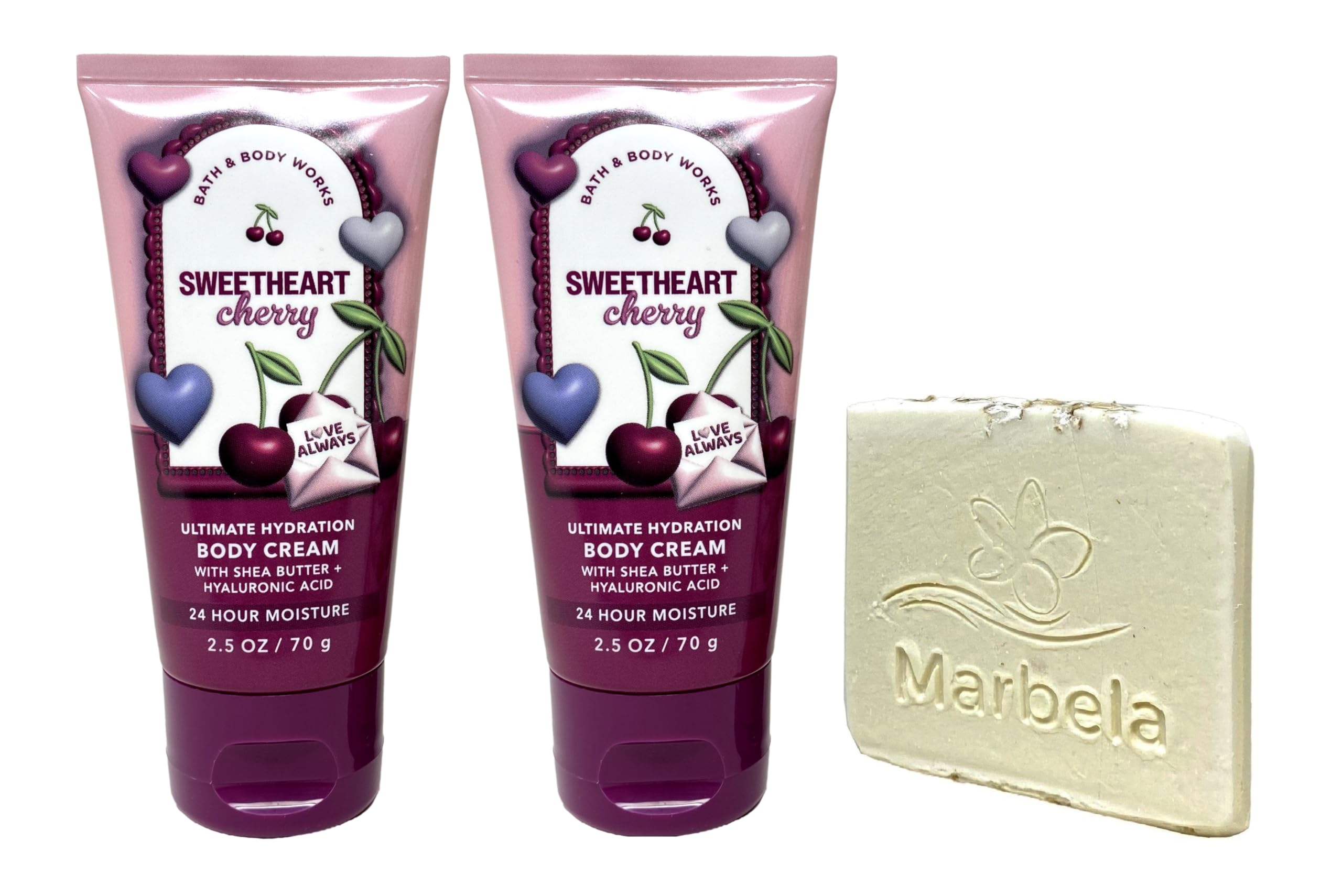 Bath & Body Works Sweetheart Cherry Ultimate Hydration Body Cream 2 Pack with a Natural Oats Sample Soap - Travel Size