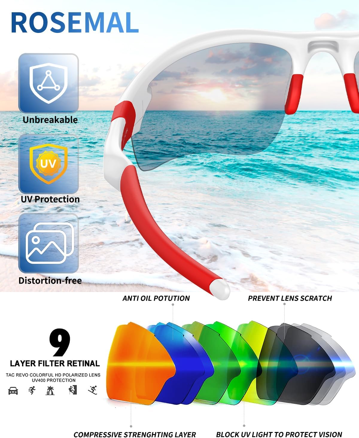 Rosemal Polarized Sunglasses for Men Women Running Sunglasses Sports Cycling Driving Fishing Baseball Golf TAC UV400 TR90 - Image 2