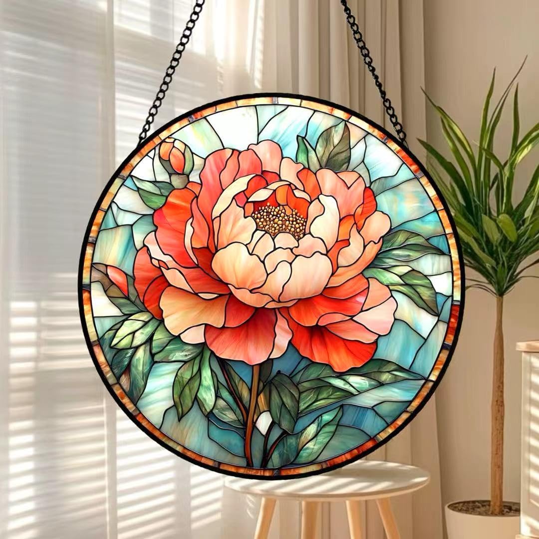 Stained Glass Window Hanging, Peony Sun Catcher for Door Home Decor,Flowers Suncatcher Christmas Mother's Day Birthday Gifts for Bird Lovers Women Men Mom (Peony, 7.8 * 7.8IN)