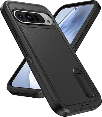 for Google Pixel 9 Case for Pixel 9 Pro Case 6.3 inch with Kickstand 3-Layer Military Grade Protective Cover Silicone Shockproof for Google Pixel 9/9 Pro Phone Case Black+Black
