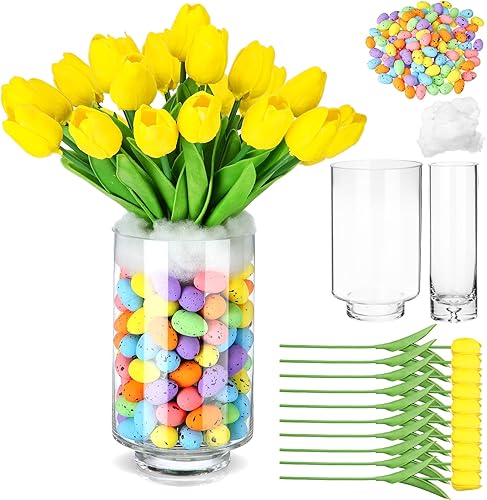 Miniatura 8 de Sunnychicc Centro de mesa de tulipanes de flores de Pascua con jarrón, incluye 20 tulipanes artificiales, 120 huevos de Pascua, 2 jarrones de
