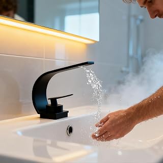 UISEBRT Grifo de cascada para baño, en negro, moderno, de latón, mezclador monomando con agua fría y caliente para el baño y la cocina, TIPO D
