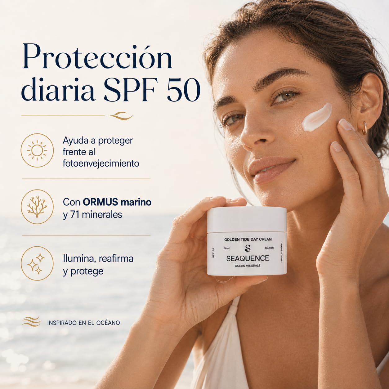 SEAQUENCE Golden Tide Day Cream SPF 50 50 ml | Crema de Día Facial con Ormus Marino, Ocean Trace Minerals, Niacinamida, Vitamina C Estabilizada, Vitamina E y Ácido Hialurónico | Hidratación total