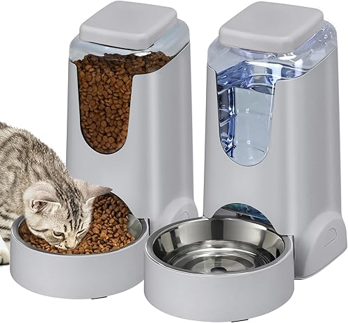 Paquete de 2 alimentadores automáticos para gatos y dispensador de agua con cuenco de acero inoxidable para perros, autoalimentación por gravedad