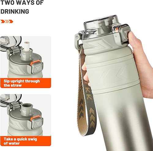 Miniatura 3 de TKK Botella de agua aislada de 30 oz con pajilla, termo de acero inoxidable de doble pared al vacío con correa, reutilizable de metal para bebidas