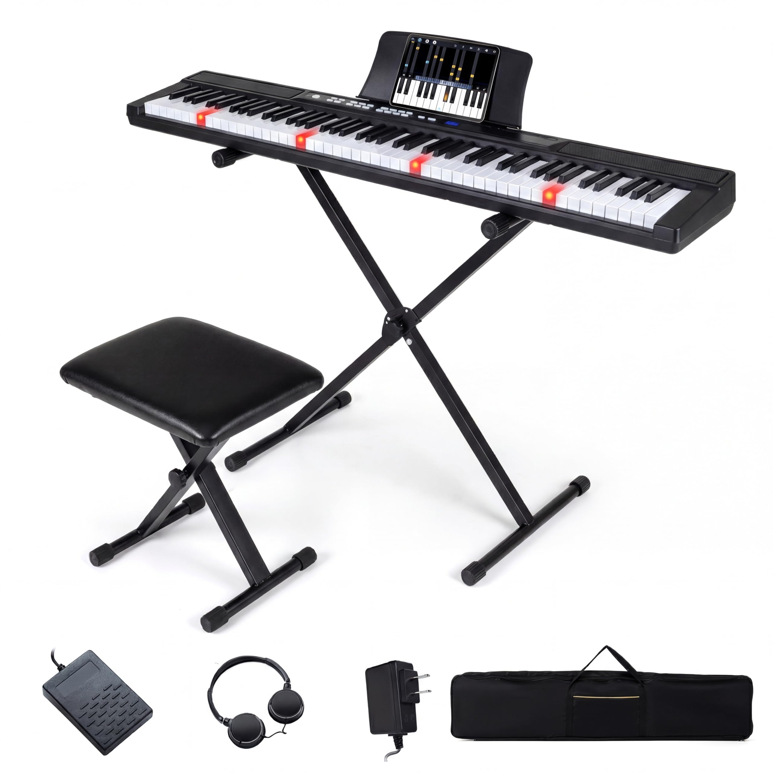 KOMFOTTEU Teclado de Piano de 88 Teclas, Piano Digital con Taburete, Soporte Ajustable, Auriculares, Teclado Electrónico con Teclas Iluminadas, Bolsa, para Principiantes, Adultos (Negro)