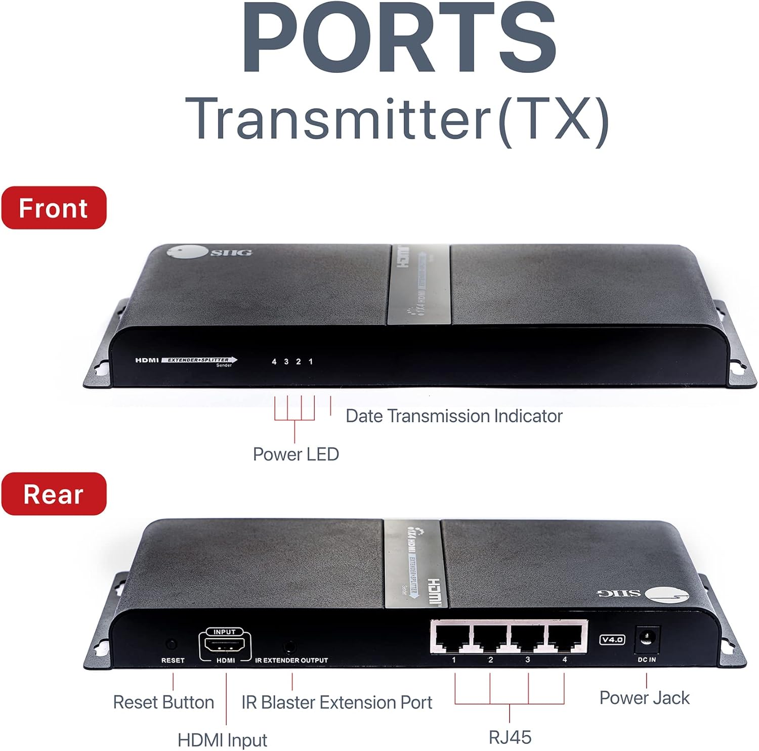 SIIG 1x4 Splitter HDbitT Extender Over IP, 1080p up to 394ft, Transmitter and Receiver Kit, IR Pass-Through, Direct Connection or Cascade More Receivers via IGMP Switch (CE-H26V11-S1)