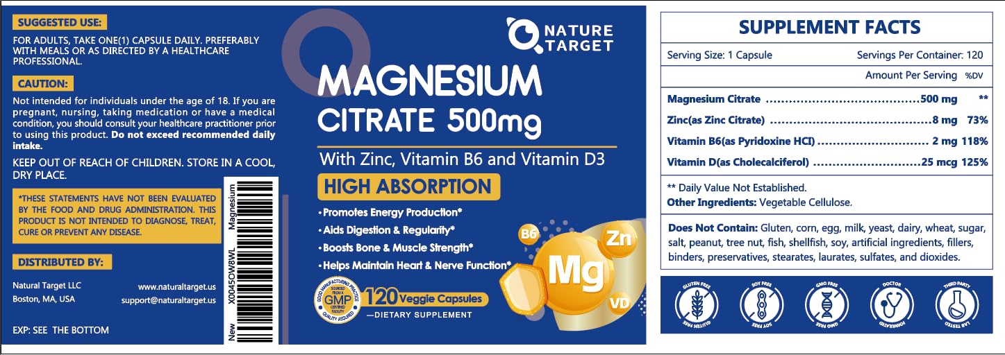 NATURE TARGET Magnesium Citrate 500mg, with Zinc & Vitamin D, 120 VegCaps — Amazon image 9