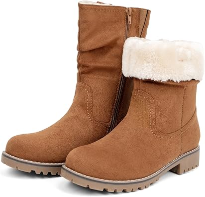 Womens Mid Calf Boots Slouchy Riding Combat Low Heel Fur Lined Winter Zipper Booties