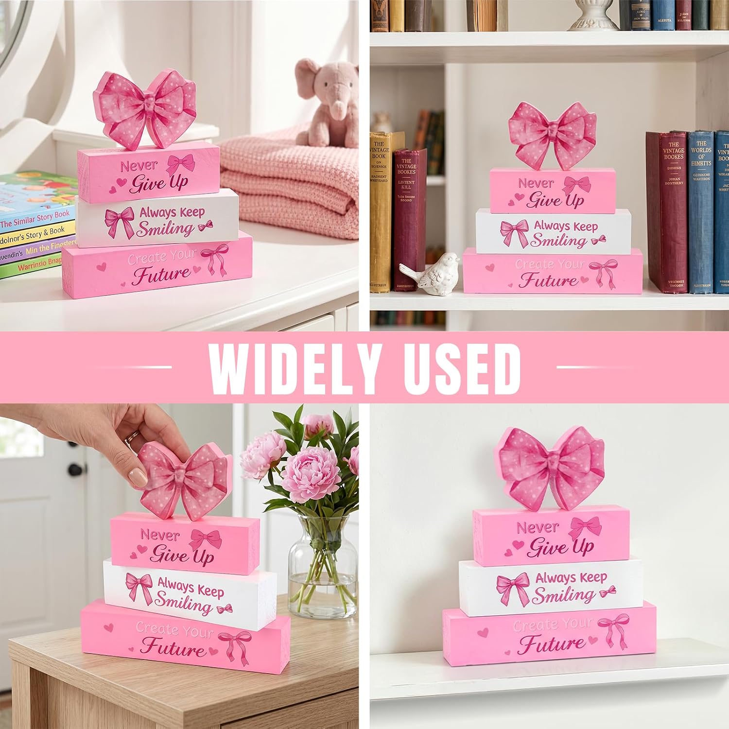 Pink White Inspirational Wooden Decor Set, 4 Pcs Bow Wood Blocks with Motivational Quotes Desk Shelf Bedroom Birthday Party Wall Decor image 4