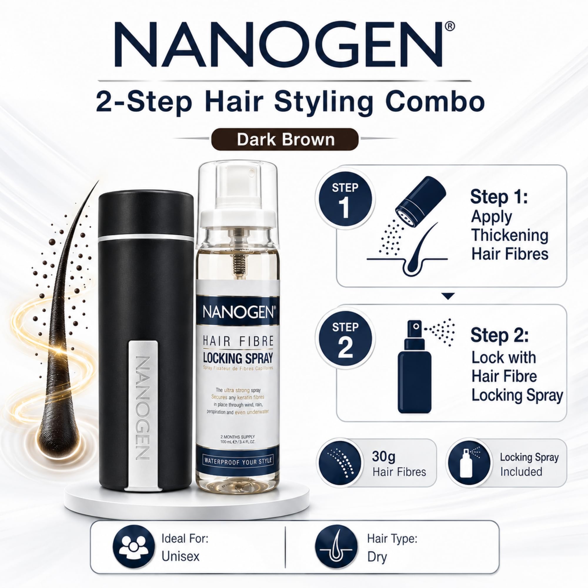 Nanogen - Combo of Nanogen Thickening Hair Fibres Dark Brown 30gms with Locking Spray 1