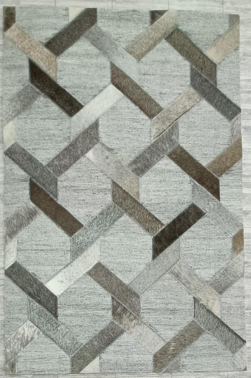 Leather and Jacquard Geometric Pattern Area Rug, Diamond Lattice Design, Black and Gray, (Natural Multi Beige/Grey-107, 6x9)