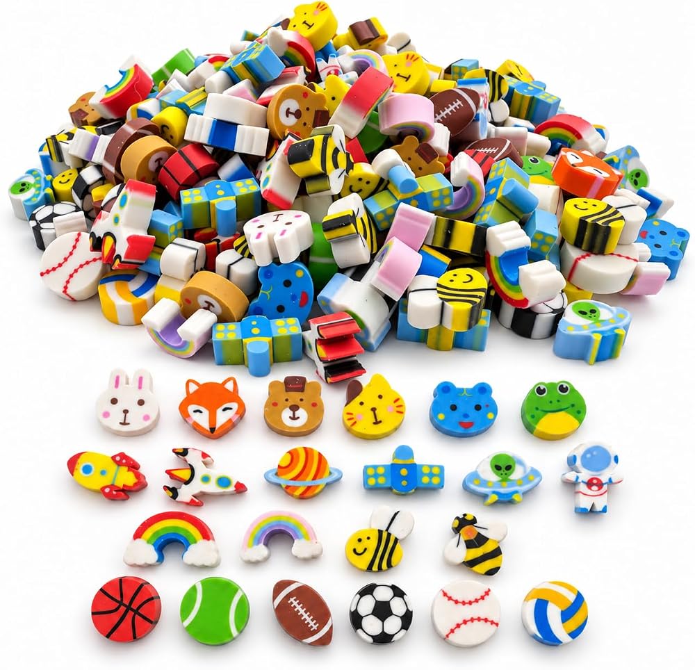 600 Pcs Mini Erasers for Kids Bulk, Assorted Mini Novelty Pencil Eraser Fun Cute Animal Sports Rainbow Space Bee Erasers for Student School Classroom Prizes Homework Rewards Gifts Party Favors — 사진 1