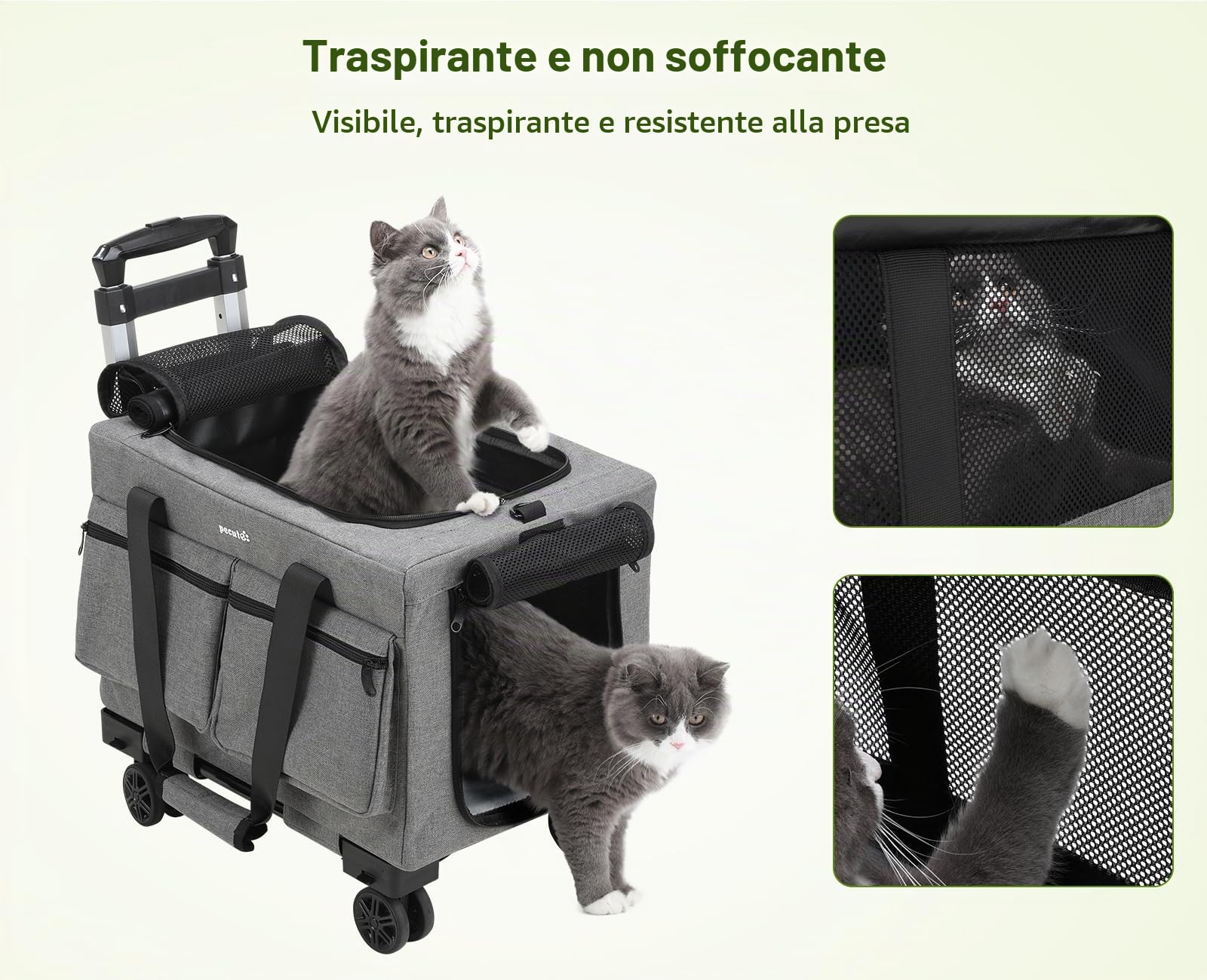Pecute Trasportino Per Gatti Con Ruote, Trasportino Per Gatti e Cani Con Struttura In Filo D'Acciaio, Trasportino Stabile Per Cani, Borsa Per Animali Domestici E Passeggino, Grigio