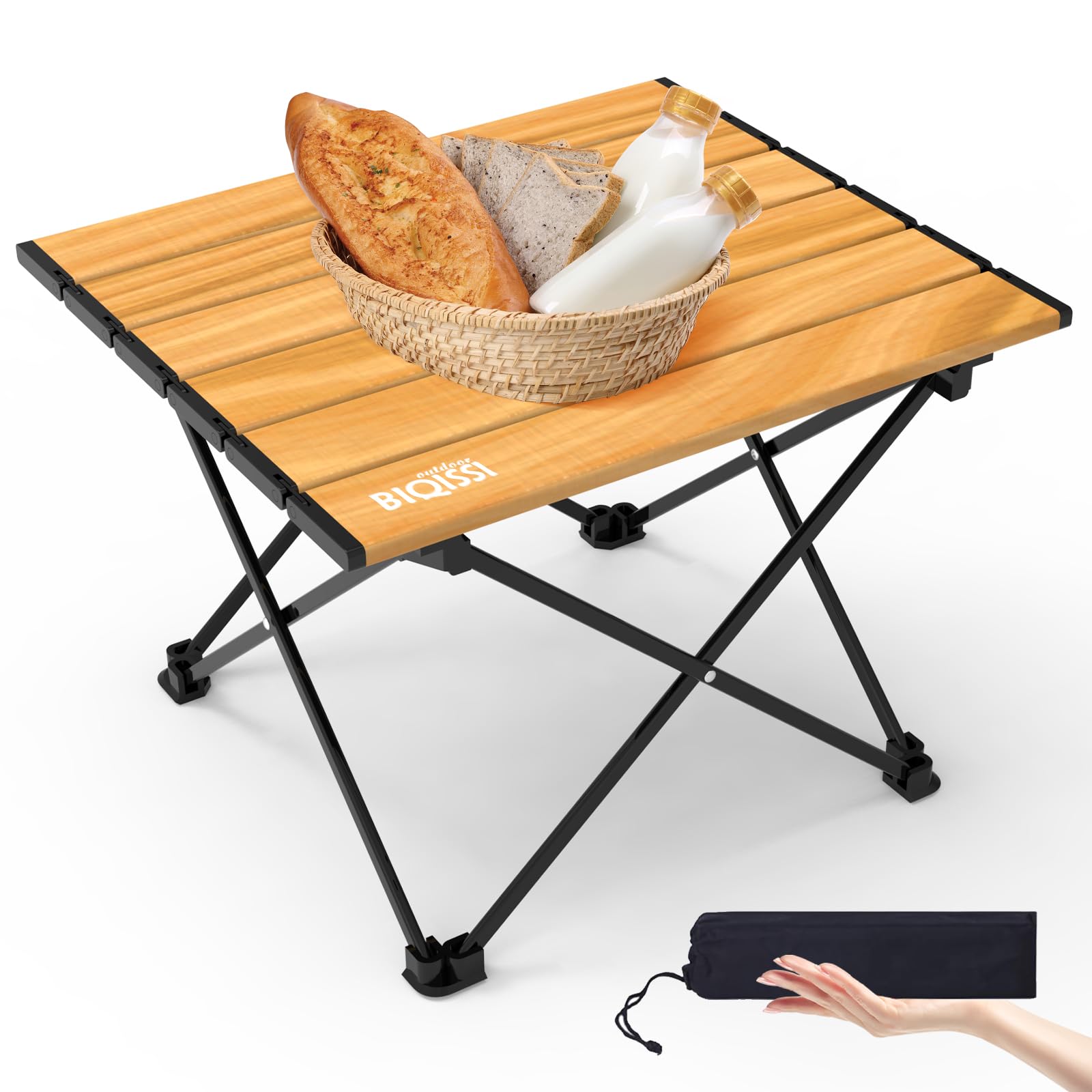 Portable Small Camping Table, Compact Camping Side Table with Carrying Bag, Ultralight Aluminum Beach Table Folding for Hiking, Camping, Picnicking, BBQ, Outdoor Cooking (Wood Small 16")