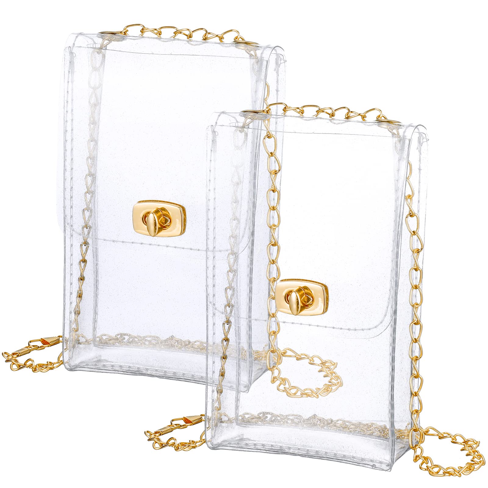2 Pcs Clear Bag Stadium Approved Small Clear Purses PVC Plastic Bag for Women Men Sporting Concert(Gold Glitter, Simple Style)