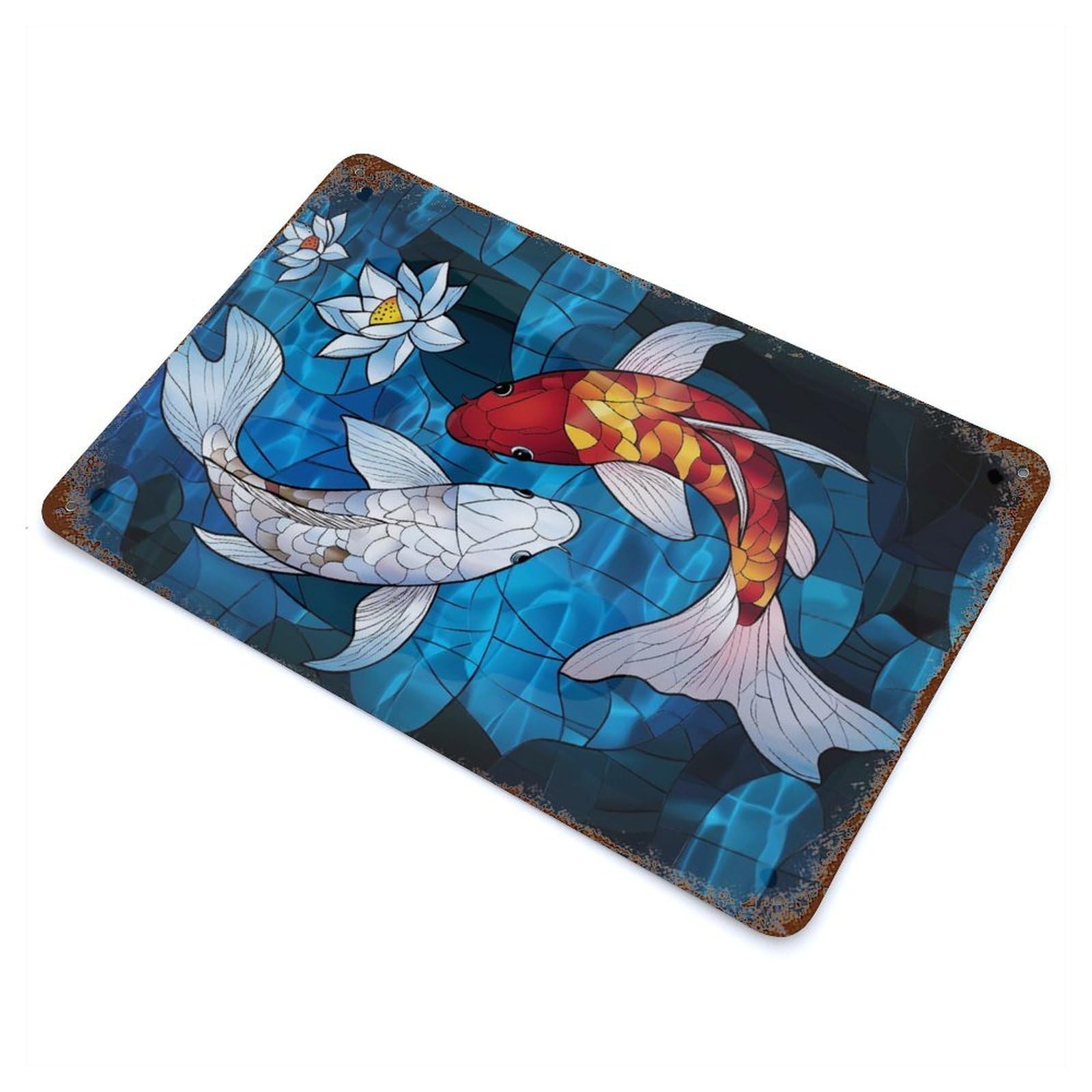 Koi Fish Stained Glass Rust Effect Tin Sign 11.8"x7.9", Ideal for Cafe, Home Bar And Lounge Decor