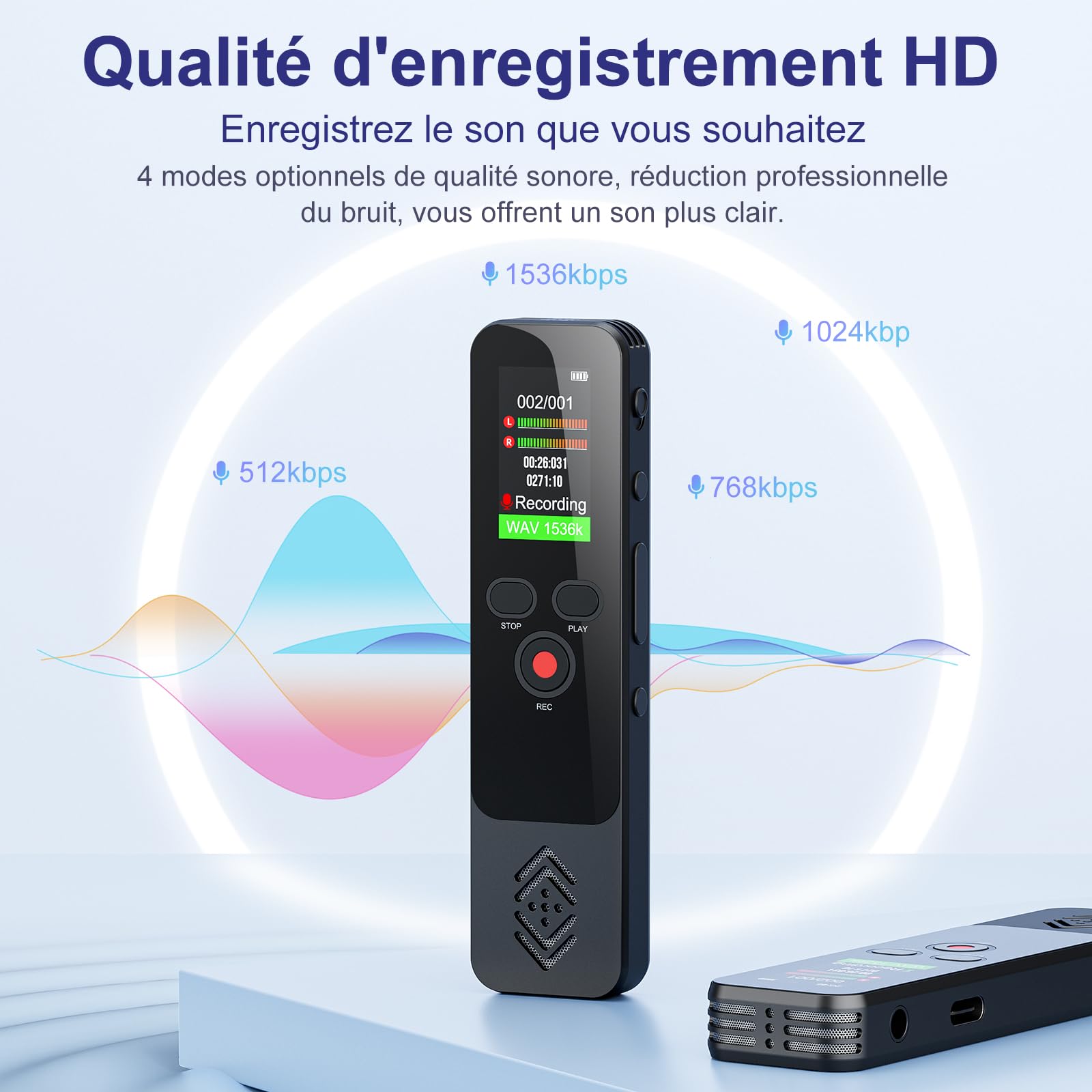 Dictaphone Volorful 144GB - Écran 1.44" - 70h Autonomie - Activation Vocale