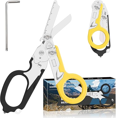 Vista 20 de 6 en 1 Tijeras de trauma plegables retráctiles, Tijeras de emergencia para camping al aire libre, Cortador de cinturón de seguridad, Llave
