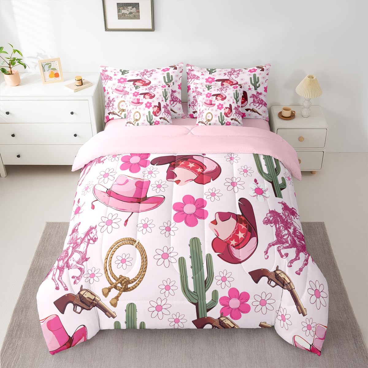 Feelyou Western Comforter Set with Sheets 7 Piece Queen Size Cowgirl Floral Bed in a Bag Kids Boys Girls Western Cowboy Boots Bedding Set Wild West Cactus Flower Bedroom Decor Pale Pink Soft