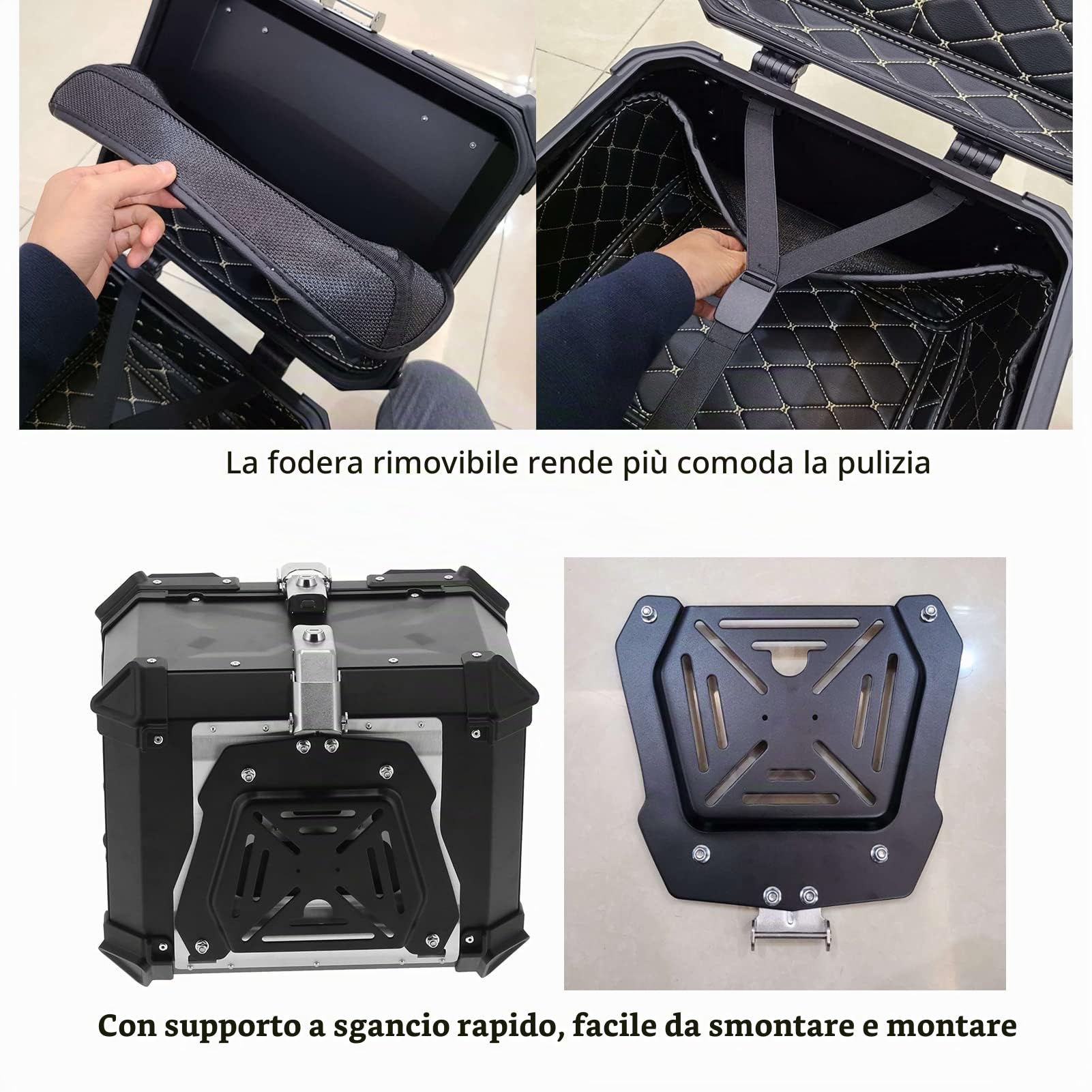 AMONIDA, Bauletto per Moto 45L Nero Alluminio, Bauletto per Caschi e Bagagli con Schienale
