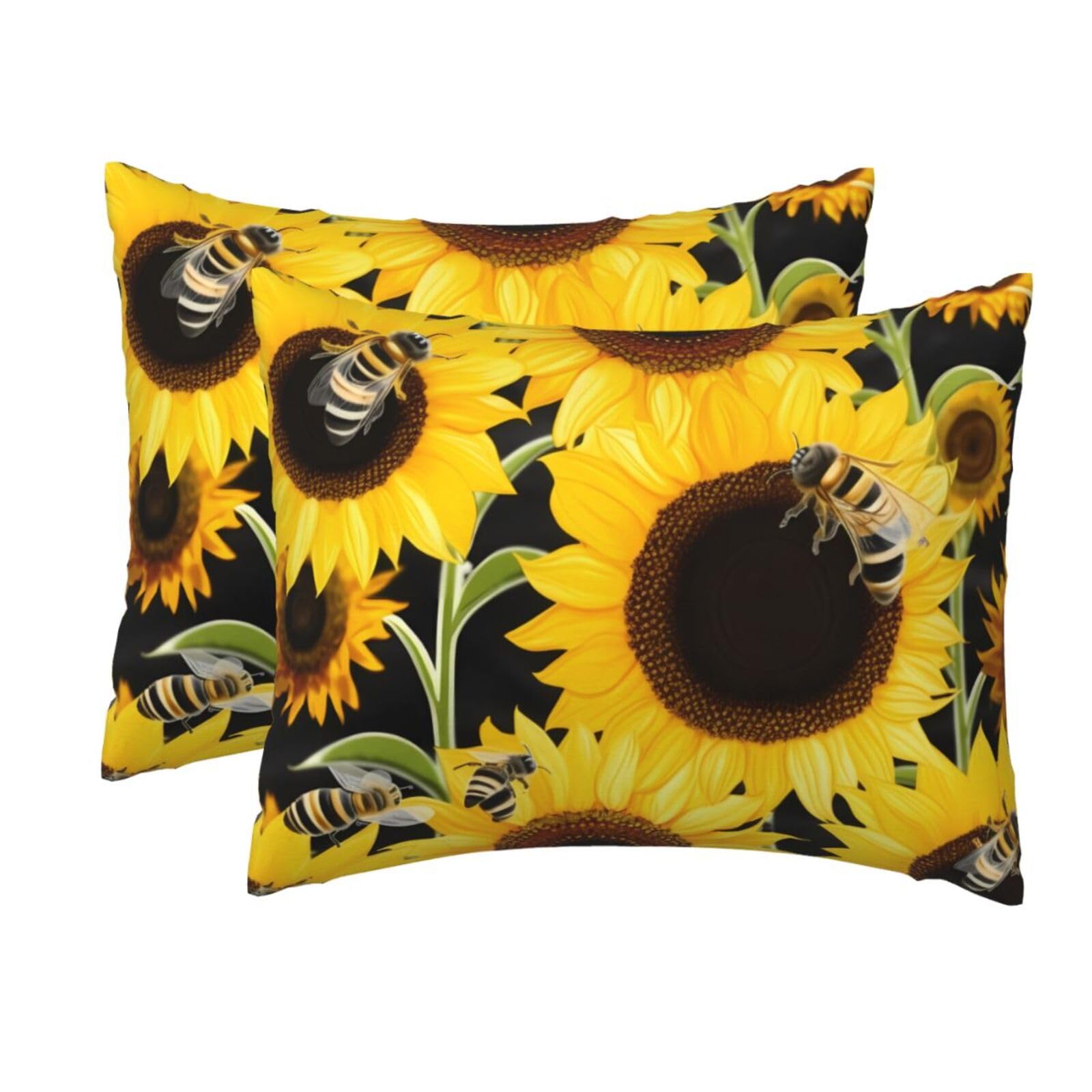 2 Pack Standard Pillow Cases with Hidden Zipper, Soft Breathable Pillow Covers for Hair and Skin, Sunflower Bees Pillowcases 20"x26" Bed Pillow Protectors Cover for Sleeping Gifts