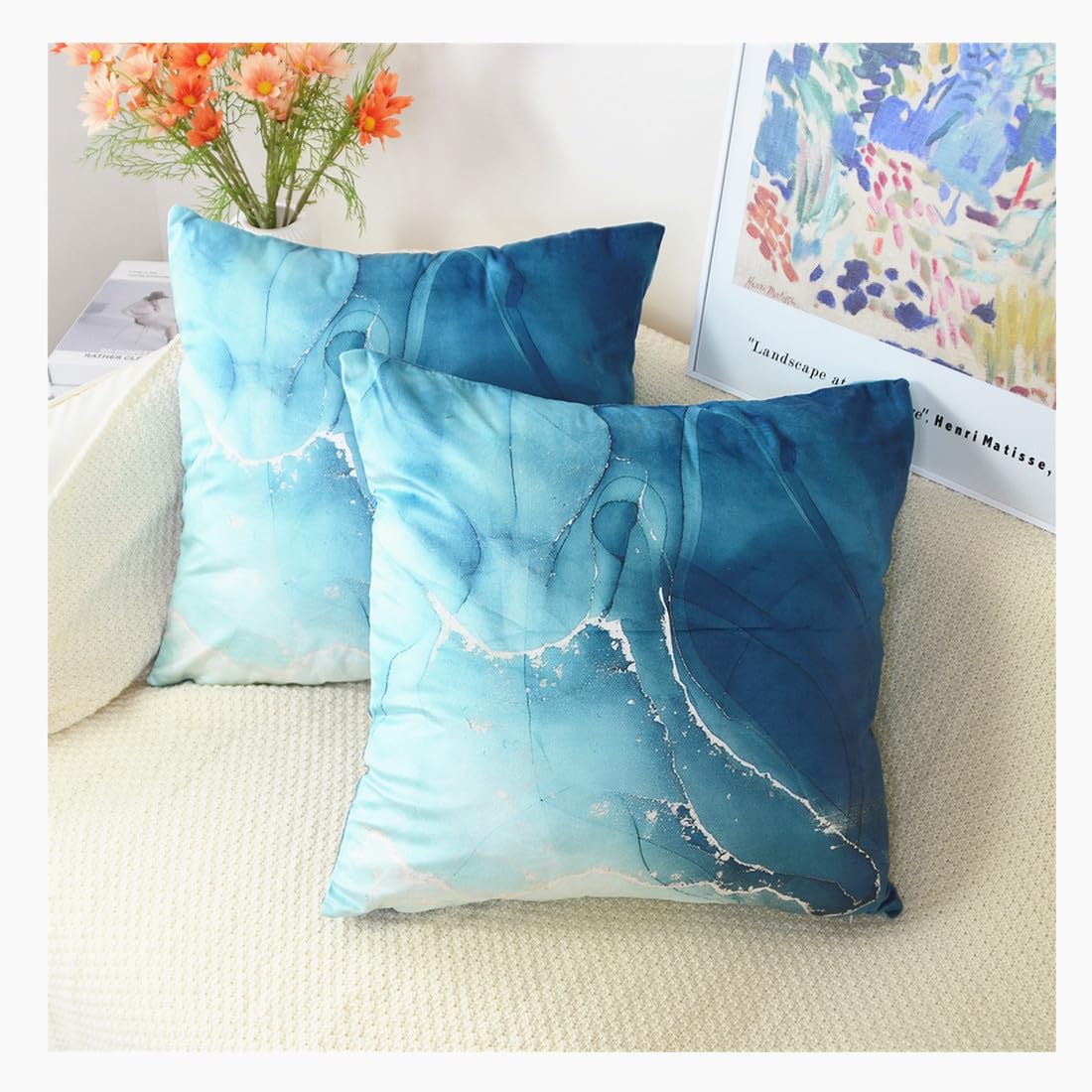 QUALKNOY Set of 2 Velvet Blue Teal Cushion Covers 18"x18" Modern Art Abstract Throw Pillow Case 45 x 45 cm for Living Room Sofa Bed Outdoor Garden Home Decor Pillowcases