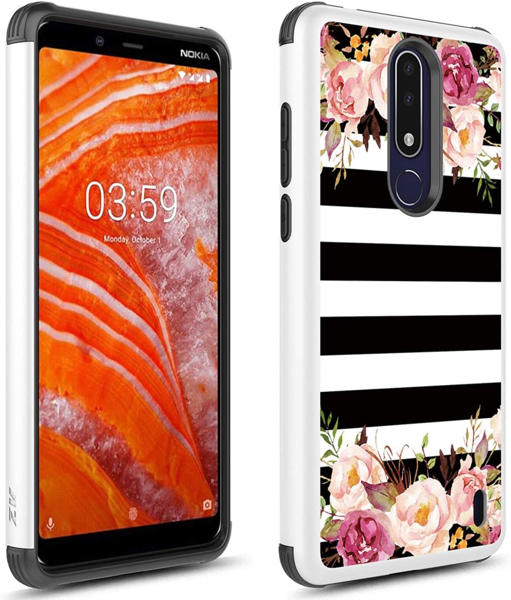 Fit Cricket Nokia 3.1 Plus Case, Phonelicious Phone Cover Dual Layer Armor Rugged Shield Hybrid Shockproof Slim Fit Compatible with Nokia 3.1+ (Rose Stripes)