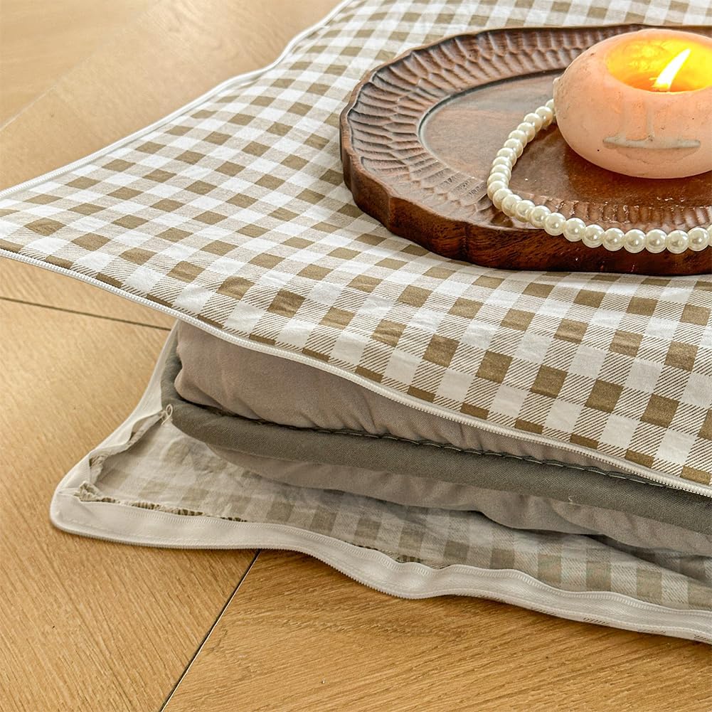 Tan Gingham Japanese Floor Mattress Futon Cover Queen for 3-4" Thick Pad, Checked Plaid Japanese Tatami Mattress Cover,Grid Guest Sleeping Mat for Floor (Tan Gingham, Queen)