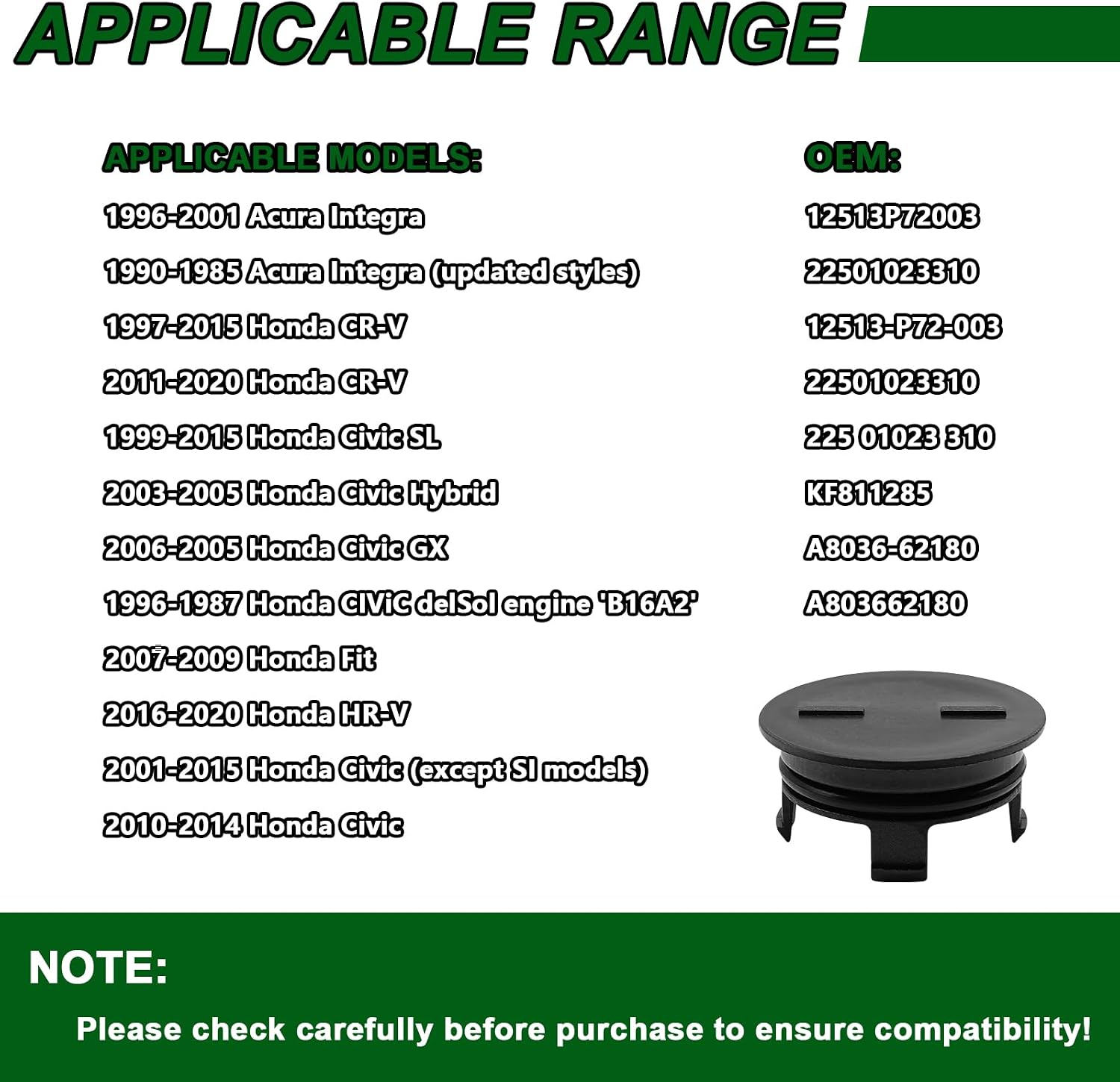 Cylinder Head Rear Cam Plug, Cylinder Head Cam Plug with Seal, Replace 12513-P72-003 12513P72003 KF811285, Compatible with Honda Civic CR-V Insight Fit CR-Z HR-V, Car Accessories