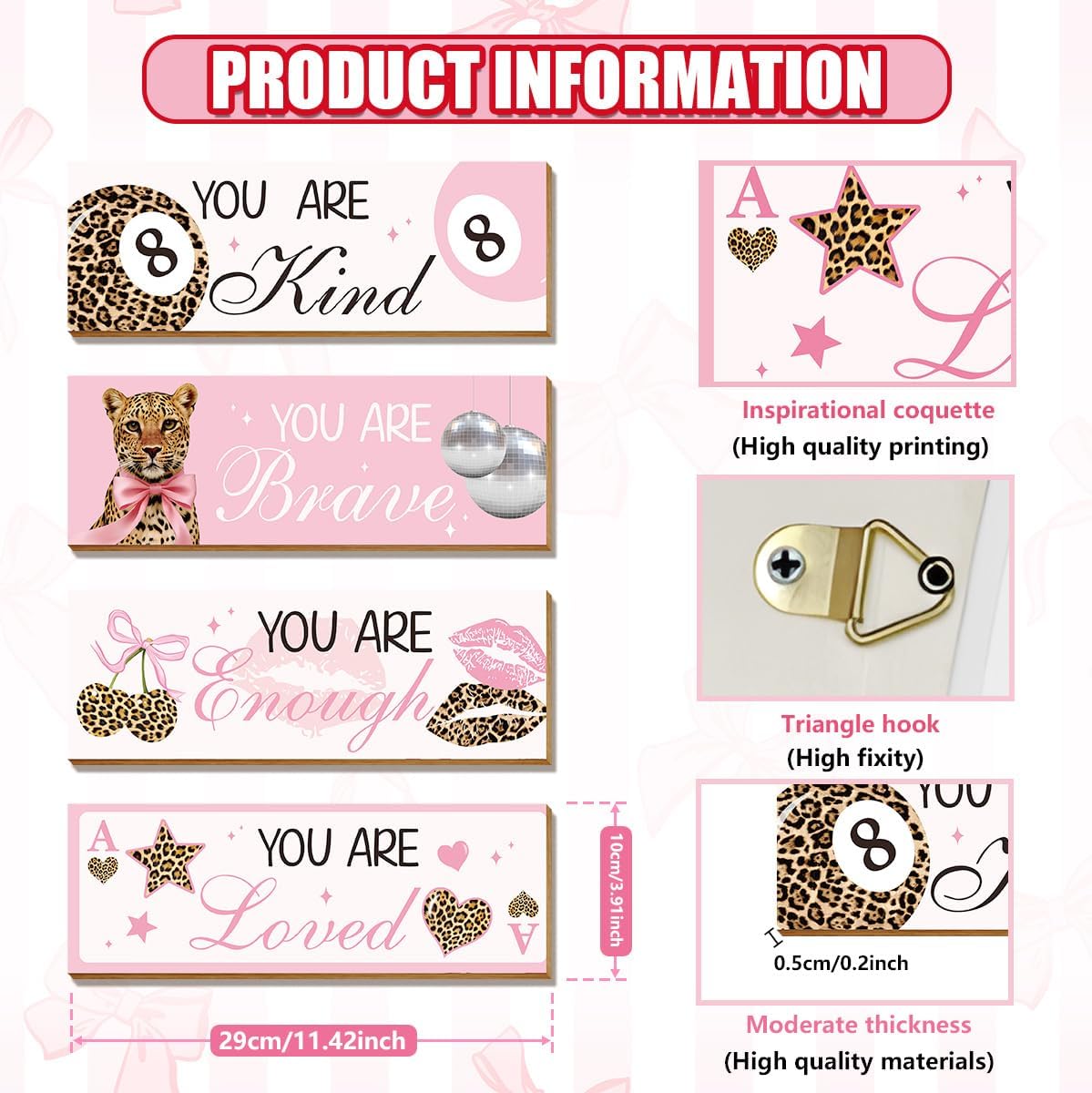 Riletese 4 Pcs Leopard Print Coquete Bow Room Decor, Teen Girls Trendy Preppy Wall Art Aesthetic for Bedroom Bathroom Decor, Inspirational Positive Affirmations image 2