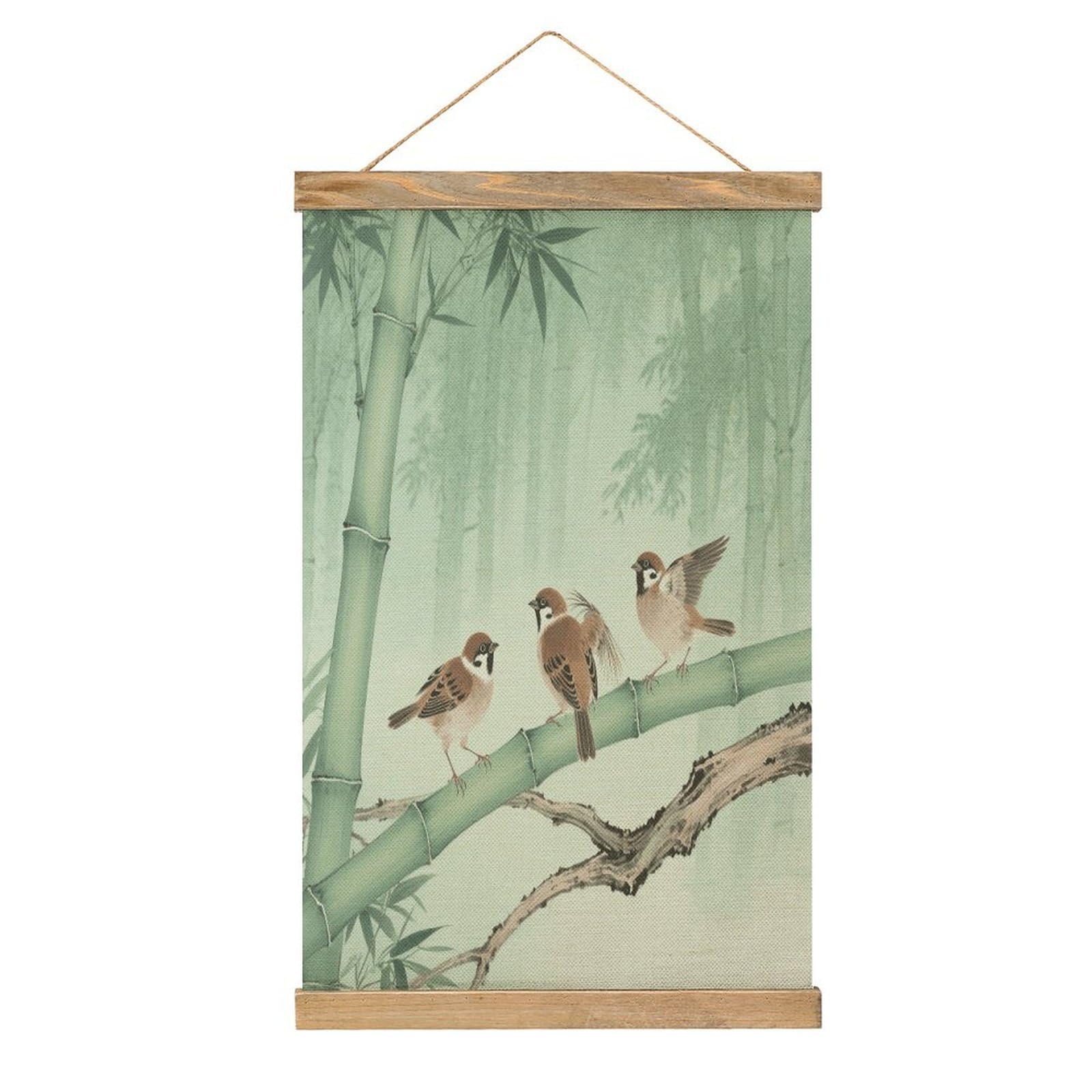 VstaDank Brown Birds on Bamboo Hanging Poster with Wooden Frame Modern Linen Hanging Painting Retro Style Wall Decor Art Painting for Living Room,Bedroom Decor Poster Frame 20.4x13.1inch