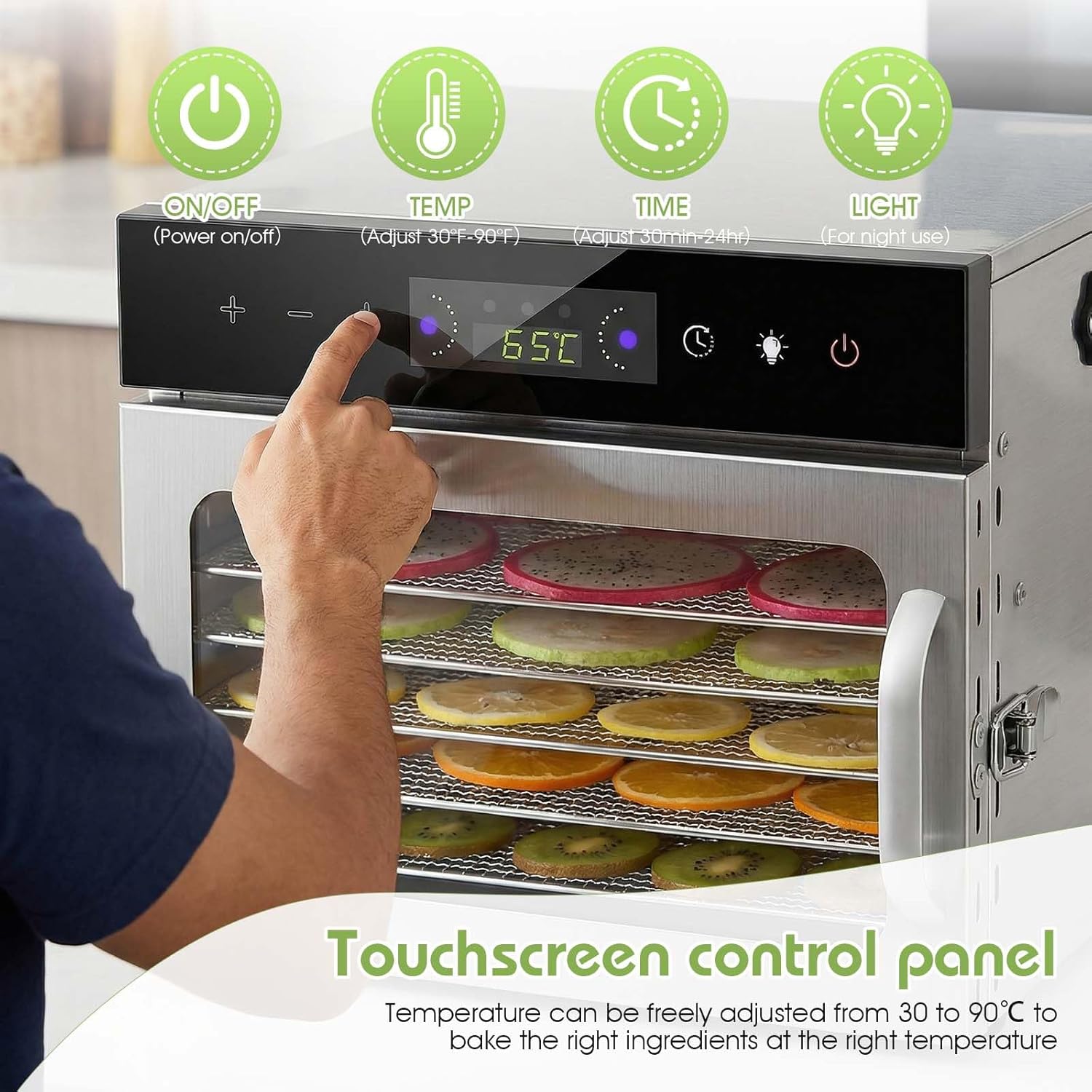 cjc Food Dehydrator Machine - 6Trays Stainless Steel Food Dryer for Fruits & Meat, Touch Control & Adjustable Temperature 86-194°F, Efficient 360° Hot Air Circulation Technology