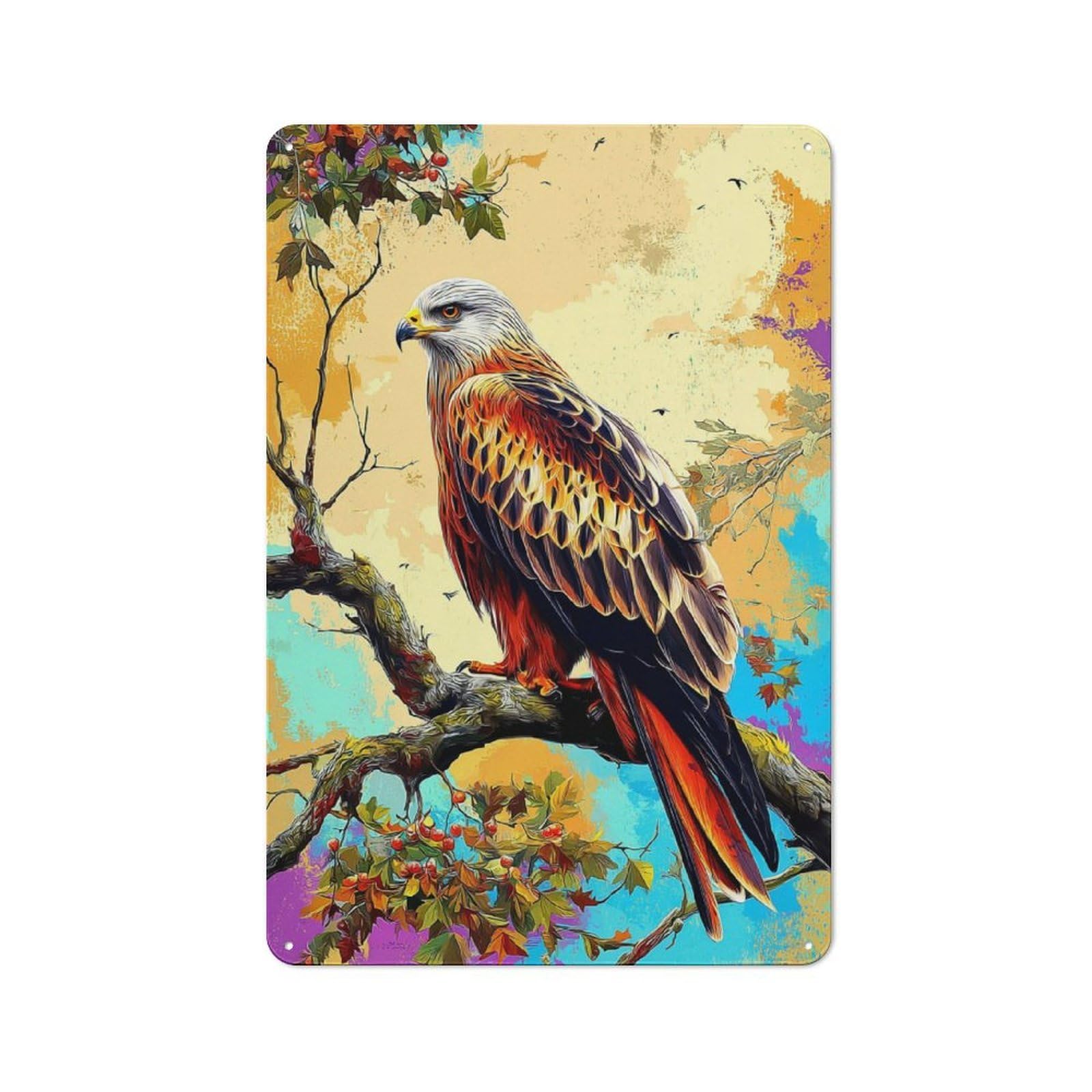 Junmoney Colorful Eagle Perched On Branch Metal Plaque With Design 30X20cm, Cosy Diner Style Decor For Coffee Bar, Kitchen, Bistro Or Tea Corner