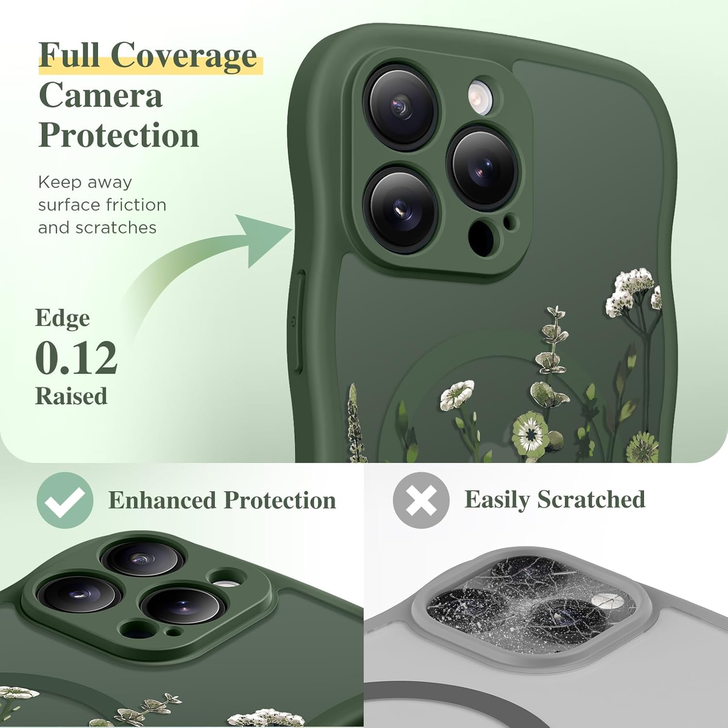 GVIEWIN for iPhone 16 Pro Max Case Compatible with MagSafe [Curly Wave Edge][Full Camera Protection] Floral Translucent Shockproof Magnetic Women Phone Case for 16 Pro Max, Floratopia/Forest Green