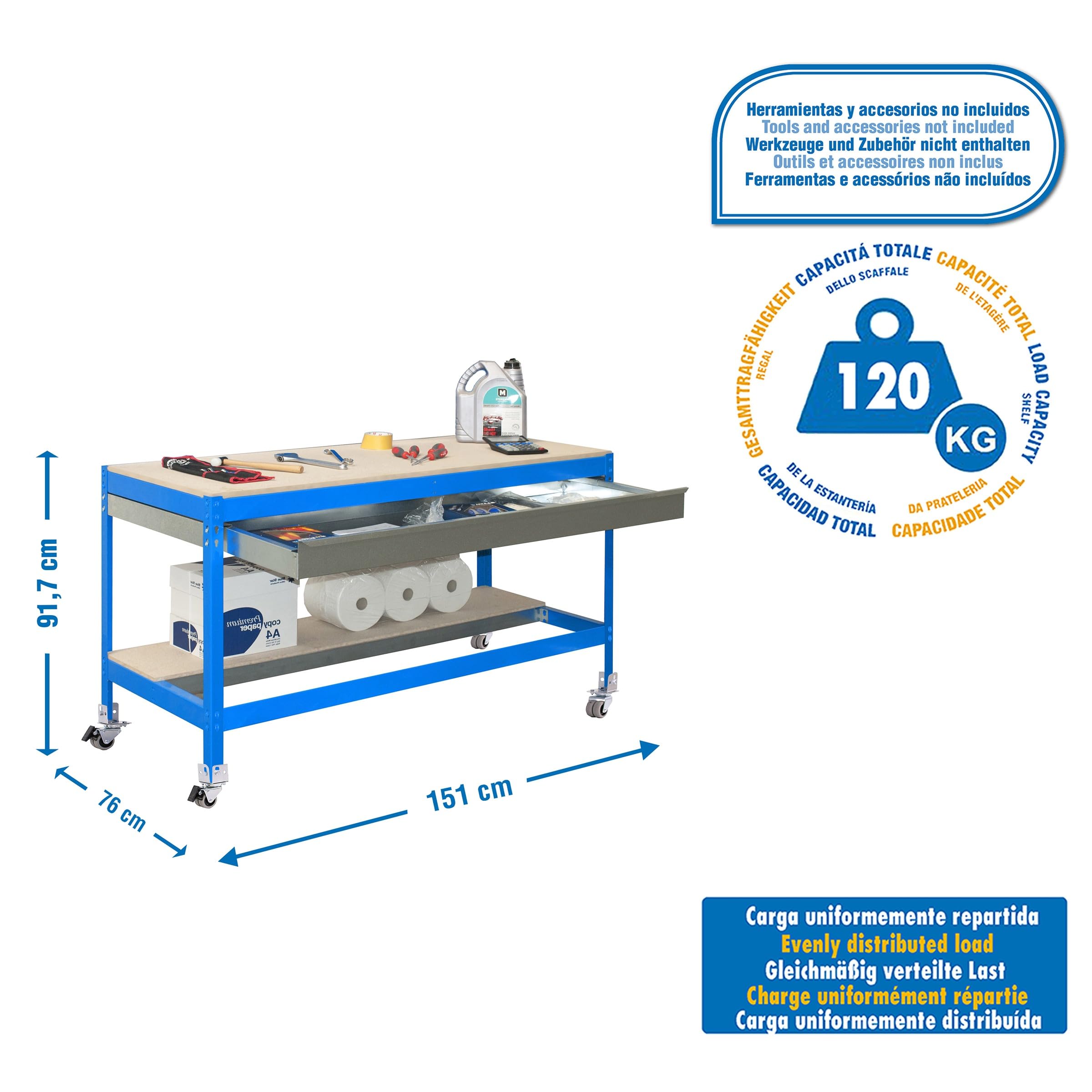 Simon Rack Mesa de Trabajo Taller, Capacidad Carga 120 kg, 917x1510x760 mm, Incluye Ruedas, 1 Cajón, Azul/Madera - BT0