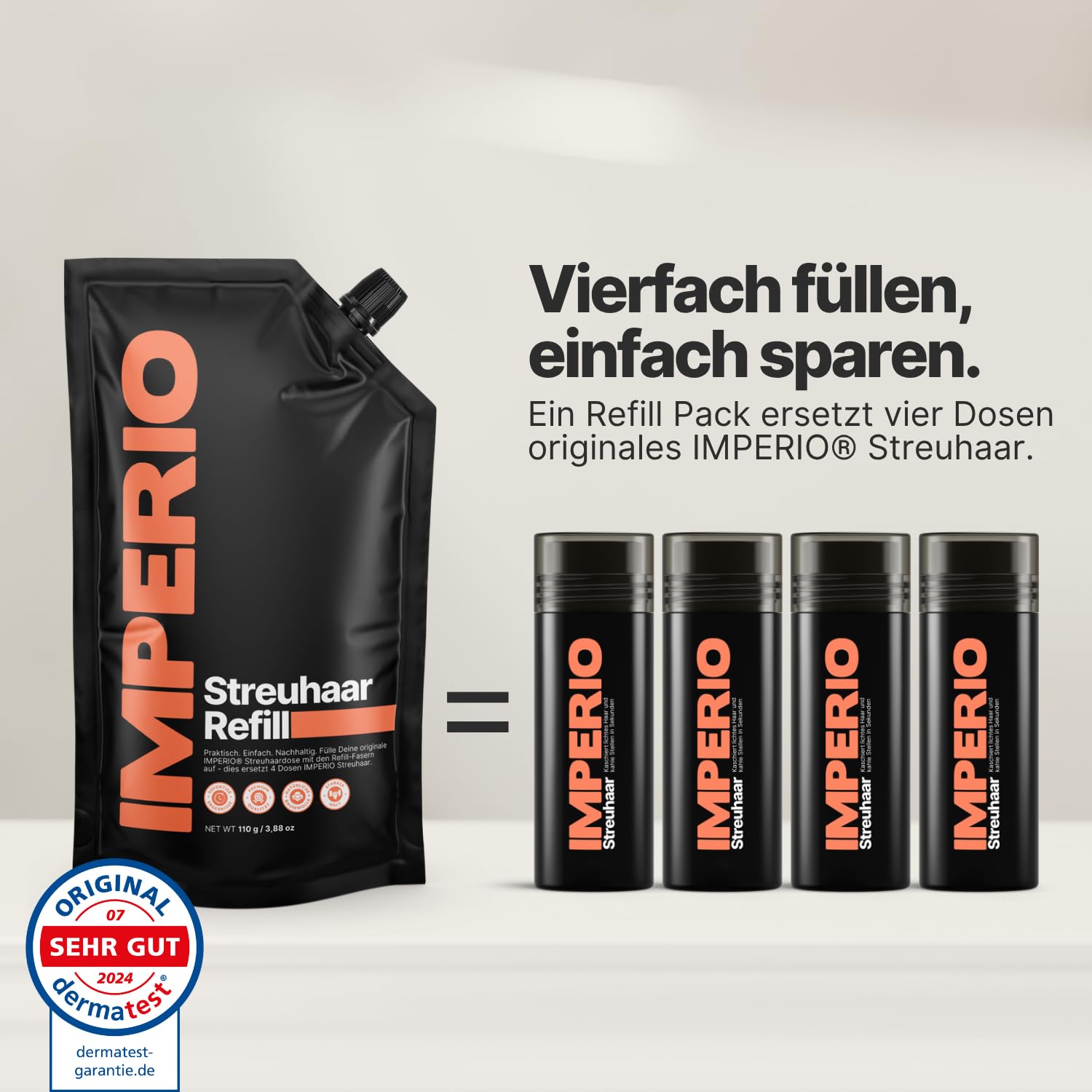 IMPERIO Streuhaar Refill Pack - 110g Nachfüllbeutel mit Premium Schütthaar - Nachhaltiger Nachfüllpack mit praktischem Verschluss - Einfaches Auffüllen der Hair Fibers Dose (Dunkelbraun, 110g)