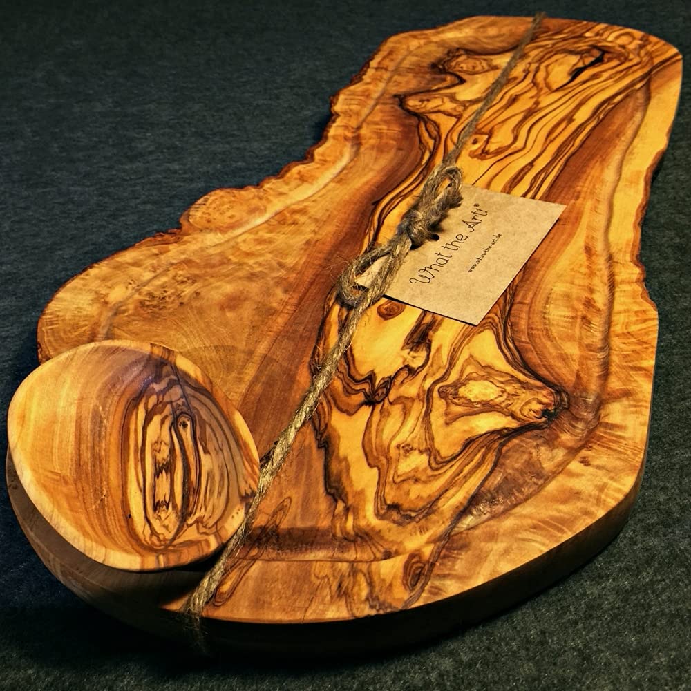 What the Art!® Olive Wood «Big Rustic» Gr. L | Olivenholz Schneidebrett + Dip-Schälchen | Handarbeit | ca. 46-49 x 20-26 x 2 cm | Käsebrett - Hackbrett - Tranchierbrett - Servierbrett