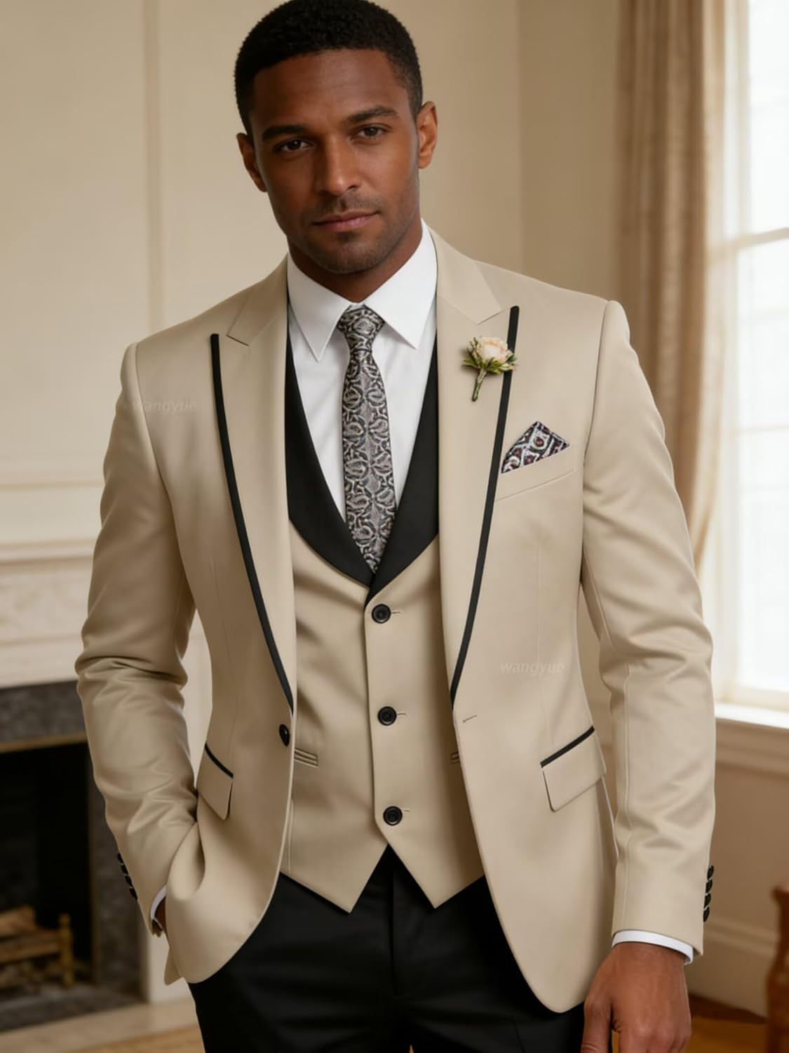 Wangyue 3 Piece Mens Suit Regular Fit Wedding Tuxedo for Men Prom Suits Blazer Vest Pants Formal Fashion Tuxedo Set