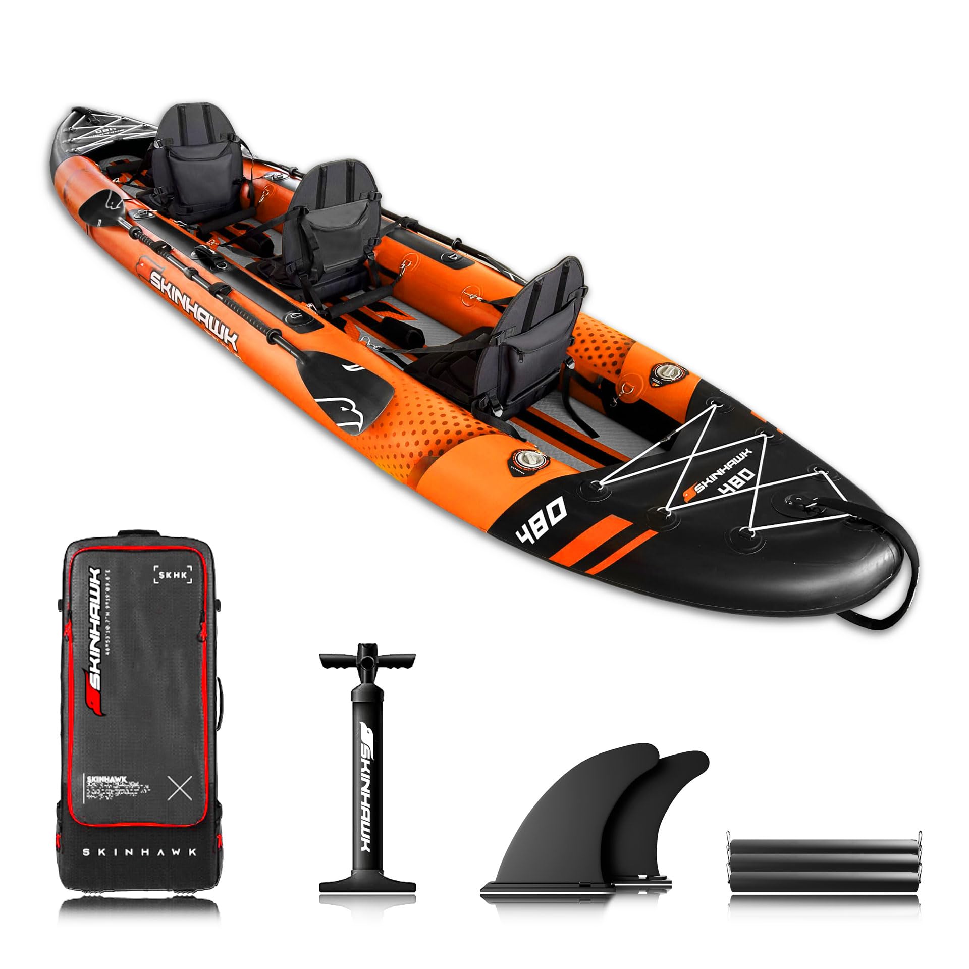 SKINHAWK Exclusiv Orange Kayak Set 480 - Bateau pneumatique - Canoë - 480 x 96 cm - Kayak pour 3 personnes