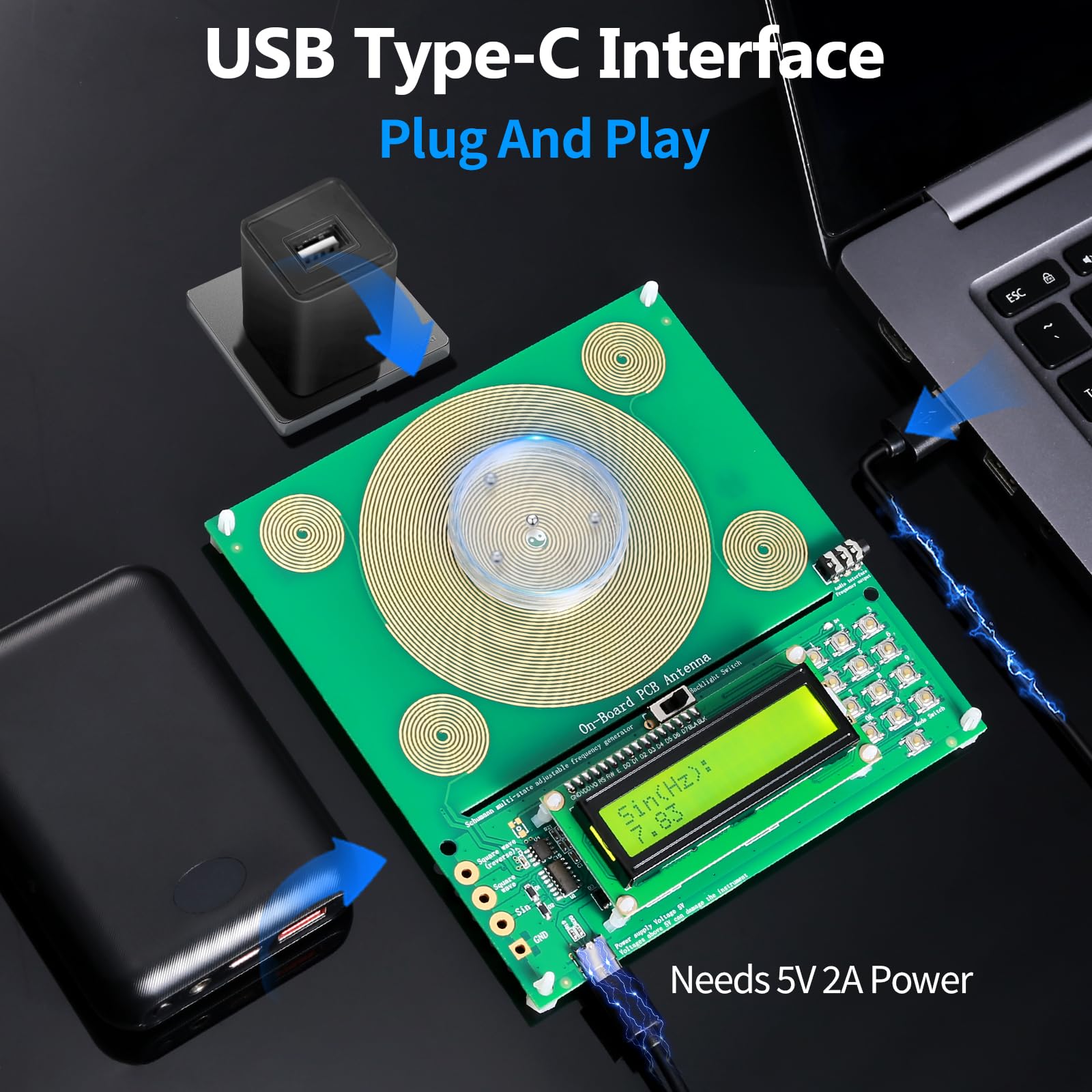 Terrestre Generatore di frequenza 7,83 Hz da 0,01 Hz a 200 kHz con alimentazione USB-C, trasmettitore di segnale regolabile per camera da letto e ufficio, dispositivo per risonanza naturale