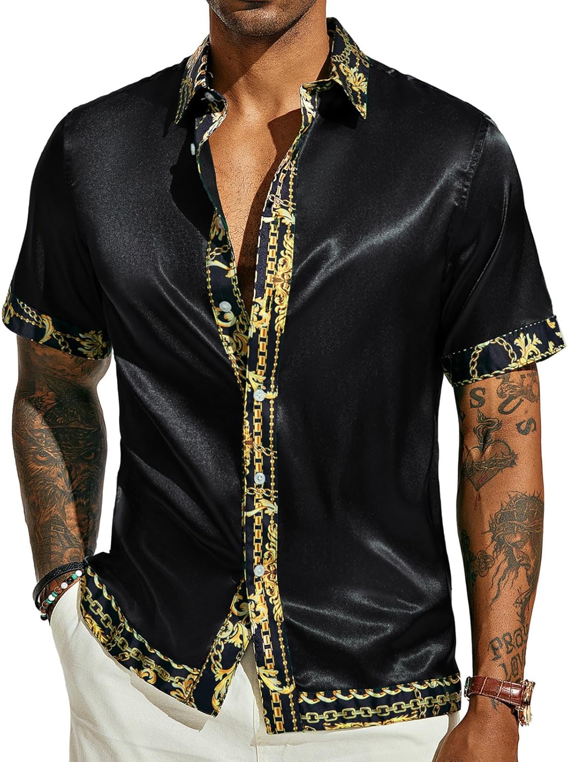 PJ PAUL JONES Mens Short Sleeve Button Down Shirts Casual Stretch Satin Silk Hawaiian Beach Shirt